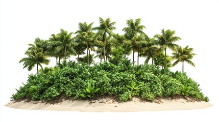 Obraz premium Lush tropical island with palm trees and vibrant greenery isolated on white.