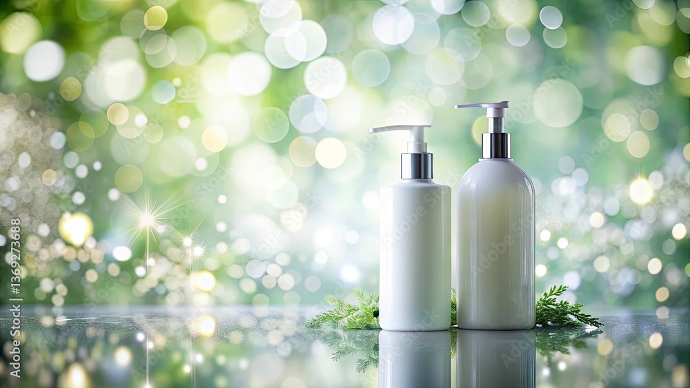 Poster aerial shot of conditioner bottle with bokeh effect and reflection on flat lay background for creati