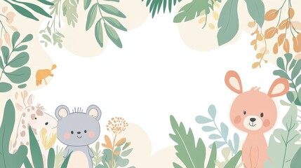 Obraz premium 120.Boho baby card designs featuring cartoonish illustrations of cuddly animals, leafy patterns, and soft pastel palettes, ideal for baby showers and kids' decor.