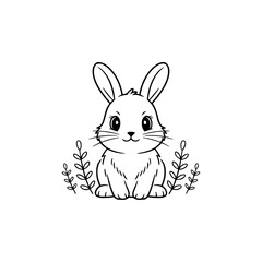 Adorable Minimalist Bunny Illustration with Foliage, Line Art