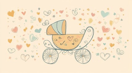 17.Adorable hand-drawn doodle of a baby carriage in soft hues, featuring charming details like small hearts and swirls, perfect for a newborn-themed project.