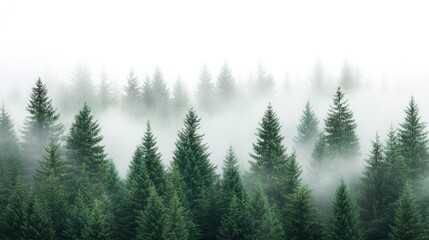 Misty evergreen forest, aerial view.