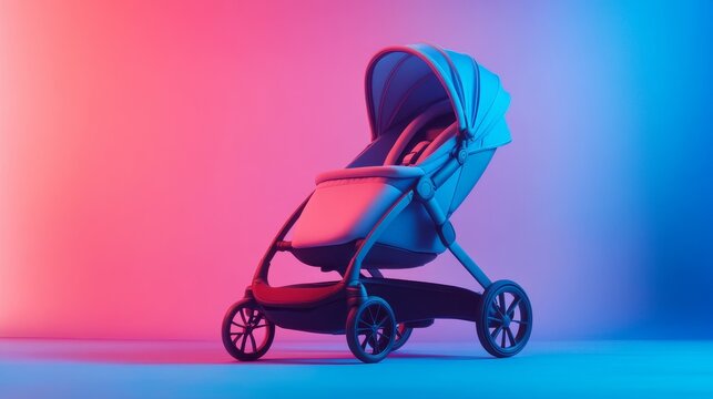 26.Contemporary baby stroller with sleek lines and a minimalist design, showcased on a vibrant gradient background in pastel tones.