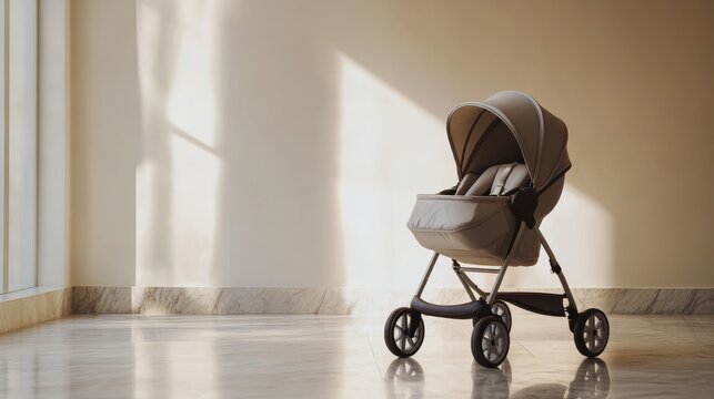 33.Front-facing view of an elegant baby stroller in a spacious indoor environment with a neutral-toned background, offering a clean, uncluttered layout ideal for text placement.
