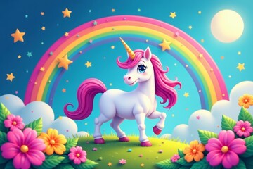 Fototapeta premium Cartoon unicorn surrounded by colorful stars, rainbows, and flowers, rainbows, flowers