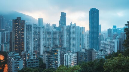 A panoramic view of a city skyline at dusk, showcasing modern architecture and urban life.
