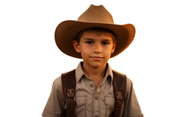A young boy wearing a cowboy hat and suspenders looking directly at the camera with a slight smile transparent backgroundpng