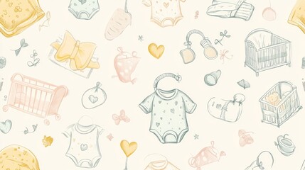 105.A seamless wallpaper template design with hand-sketched baby elements, including onesies, bibs, cribs, and tiny footprints, presented in a playful and soft color scheme.