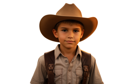 A young boy wearing a cowboy hat and suspenders looking directly at the camera with a slight smile transparent backgroundpng - Powered by Adobe