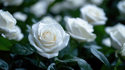 Close-up of pristine white roses in a garden setting