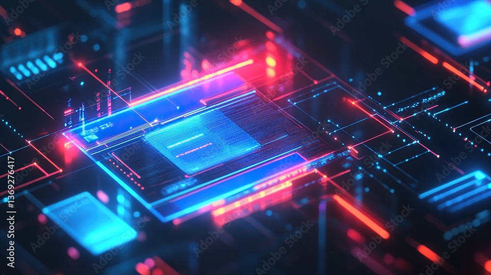 Poster abstract digital circuit board with glowing neon lines and nodes.