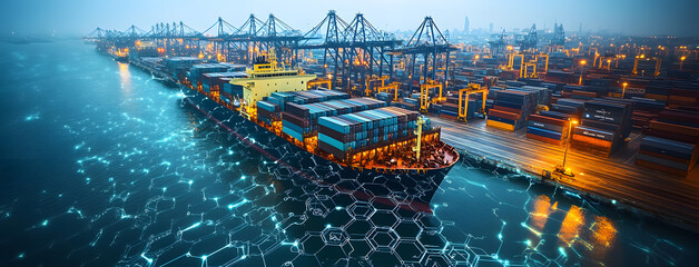 Safety Engineer Observing a Digital Smart Port at Night – A Fusion of Technology and Industry
