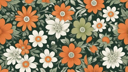 Vintage floral seamless pattern with orange, green, and white hues. 