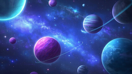 Naklejka premium Cosmic scene with planets and galaxy in space.
