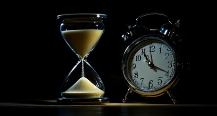 Hourglass and alarm clock, time passing, dark background