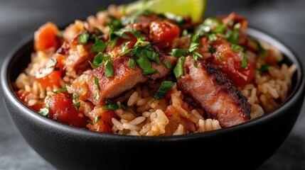 Flavorful rice dish with savory pork and tomatoes