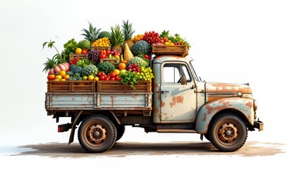 Vintage Truck Carrying Fresh Produce Harvest Isolated on White Background