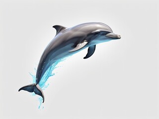 Fototapeta premium Dolphin swimming freely, side perspective, clean white backdrop. 