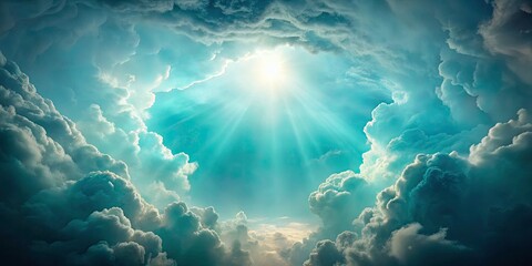 Fototapeta premium Celestial Pathway: Ethereal Teal Cloudscape, Hopeful Dreamscape, Heavenly Light, Fantasy Sky Photography