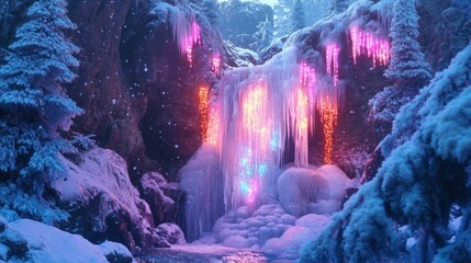 Magical, glowing ice waterfall in snowy forest.
