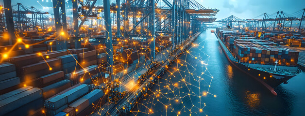 Safety Engineer Observing a Digital Smart Port at Night &ndash; A Fusion of Technology and Industry