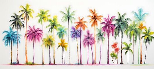 White background with drawings of colorful coconut tree for children, ai generative