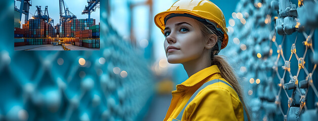 Safety Engineer Observing a Digital Smart Port at Night &ndash; A Fusion of Technology and Industry