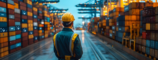 Safety Engineer Observing a Digital Smart Port at Night &ndash; A Fusion of Technology and Industry