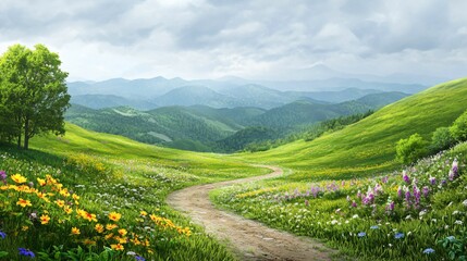 Serene Landscape with Rolling Hills and Colorful Wildflowers