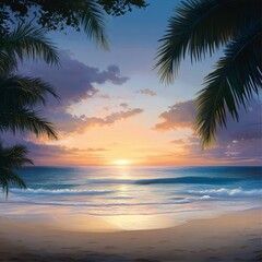 Serene Tropical Sunset Over Calm Ocean Waves and Sandy Beach