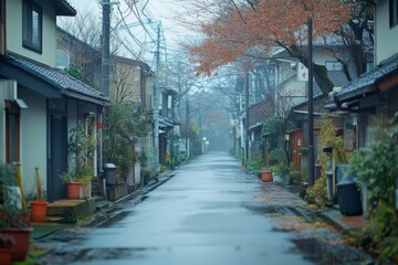 Fototapeta premium Empty street in old town during autumn with colorful leaves and moody sky