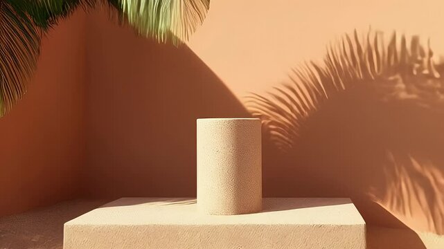 Beige Cylindrical Pedestal on Platform Against Peach Wall with Palm Frond Shadows: Minimalist Product Display Scene