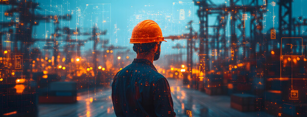 Safety Engineer Observing a Digital Smart Port at Night &ndash; A Fusion of Technology and Industry