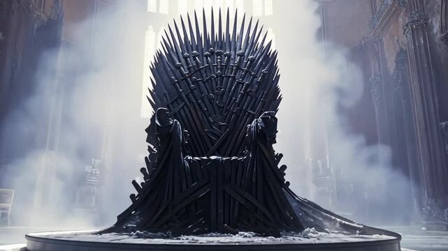 Gothic throne room with an elaborate iron chair surrounded by fog and light effects