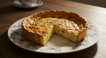 Baked Quiche With Slices On Floral Plate