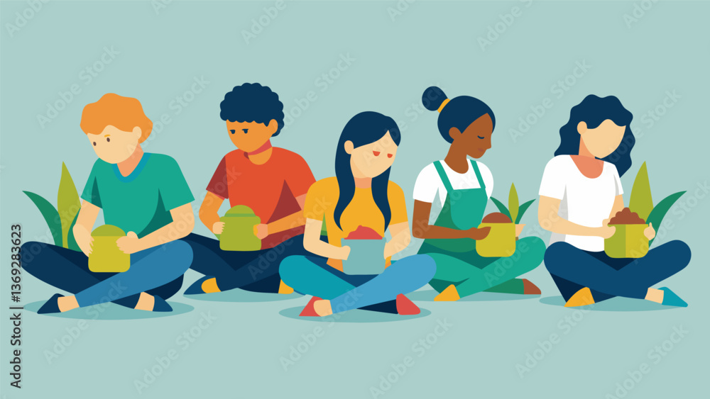 Poster a group of friends sit a the rows of corn husking and shucking with determination.. vector illustrat