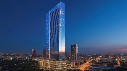 Obraz premium A modern skyscraper illuminated at dusk, showcasing urban architecture and city life.