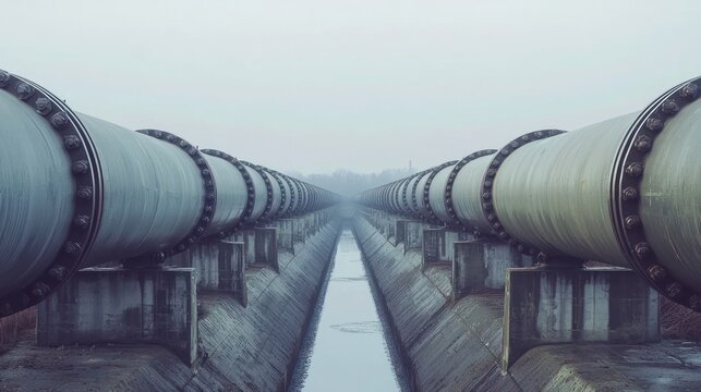 A symmetrical view of factory pipelines running parallel through a large facility.
