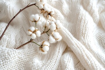 Cozy white knitted blanket with cotton flower branch for soft winter home decor