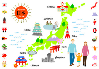 Naklejka premium 日本の観光地と家族のフラットイラストマップ