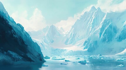 Glacial peaks, icy water, serene winter landscape.