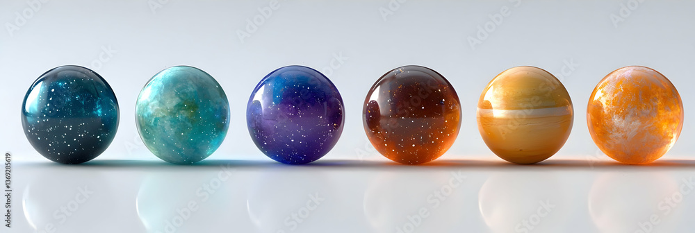 Poster row of colorful glossy spheres with speckled texture