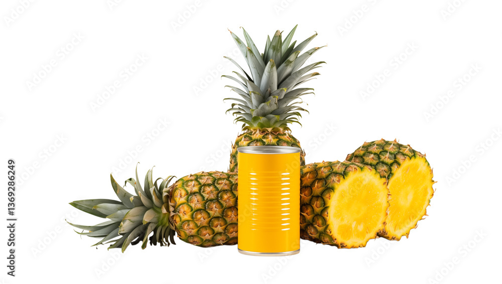 Poster still life of pineapples with a can on a white background in a studio setting showing fresh fruit tr