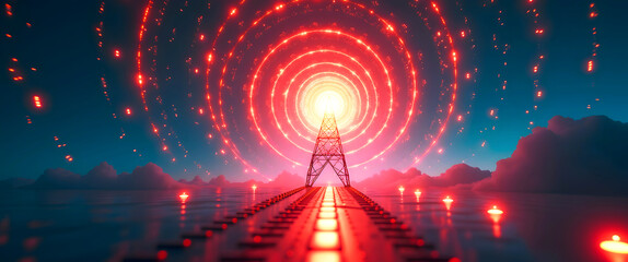 Concept of SEO optimization: Building quality, authority, and relevance. Futuristic Communication Concept with Radiating Energy and Signal Tower