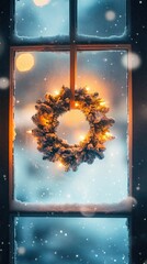 Fototapeta premium Snow-covered wreath, illuminated, hangs winter window.