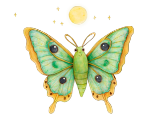 Enchanting Luna Moth Illustration, A Whimsical Dance Under the Moonlit Sky with Glowing Stars and Soft Lunar Light for Dreamy Imaginations