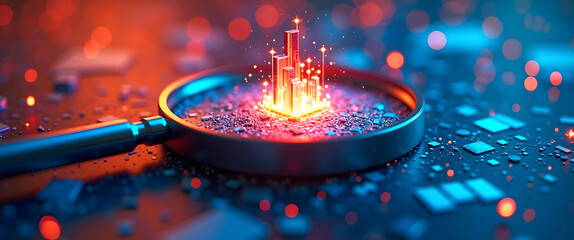 Concept of SEO optimization: Building quality, authority, and relevance. Glass Magnifying Lens Revealing Bright Data Visualization Symbols