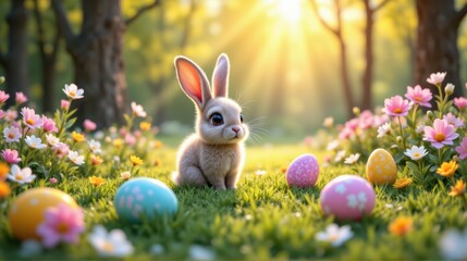 Adorable fluffy brown Easter bunny in lush green meadow with colorful eggs and blooming flowers. Sunlight, golden glow, peaceful scene, vibrant colors, natural beauty, spring joy, holiday celebration.