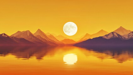 Fototapeta premium Golden Sunset Moonlit Mountains Over Calm Lake