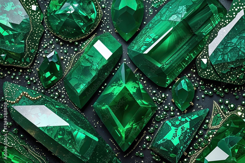 Poster lustrous green gemstone surface with intricate patterns and sparkling texture